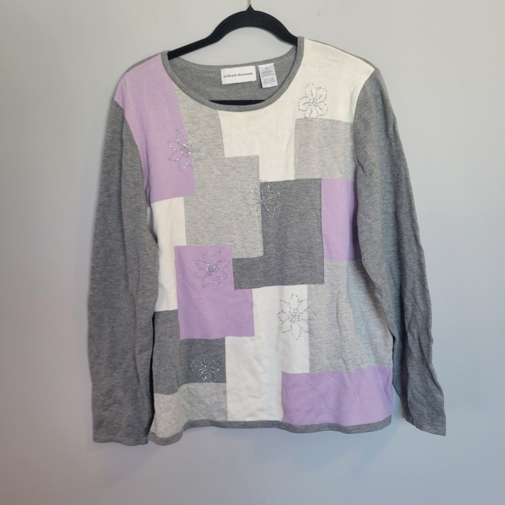 Alfred Dunner Womens XL Sweater Grey Lavender Colorblock Floral Embroidered Knit